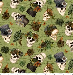 Lumin/White Owl – Dark Academia – Skulls And Hats – Sage, Fabric BTY