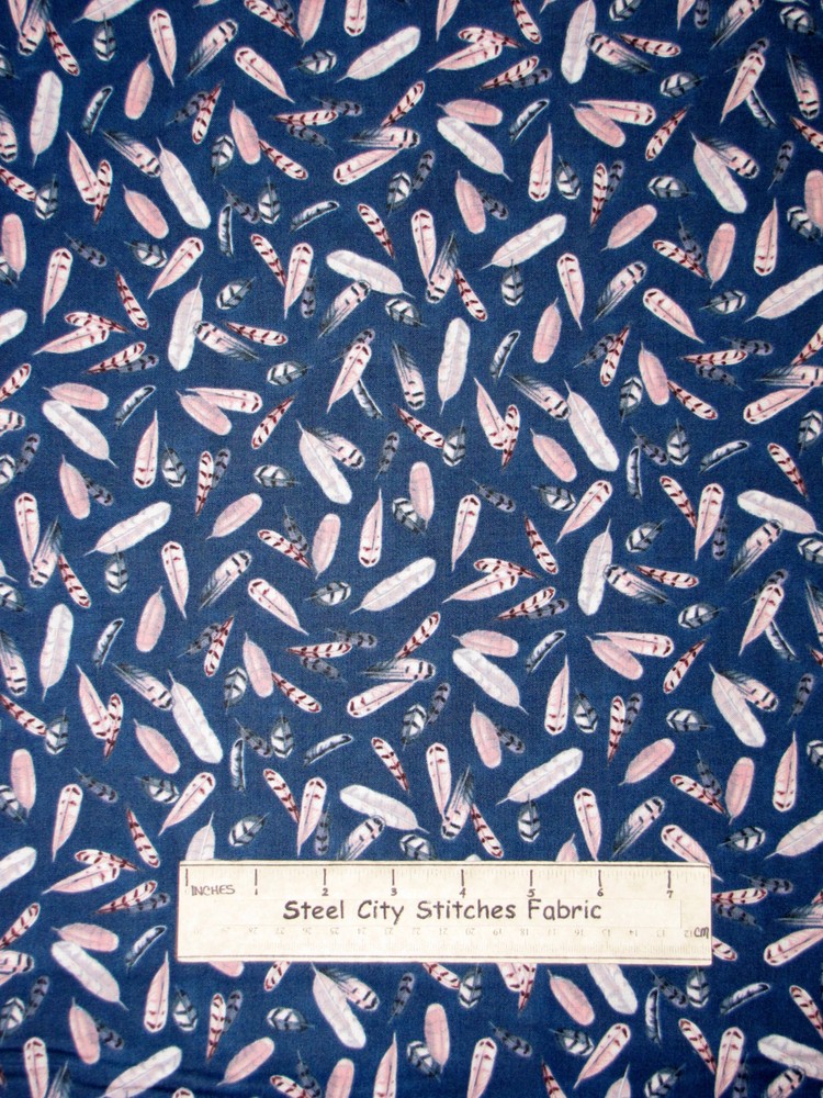 Owl Bird Feathers Toss Dark Blue Cotton Fabric QT #23598-N Silent Flight YARD