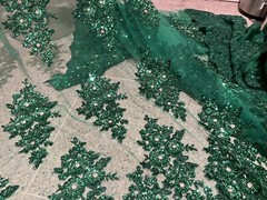 Green Heavy Beaded Sequin Rhinestones Embroidery Lace Fabric 50” Width 1 Yard