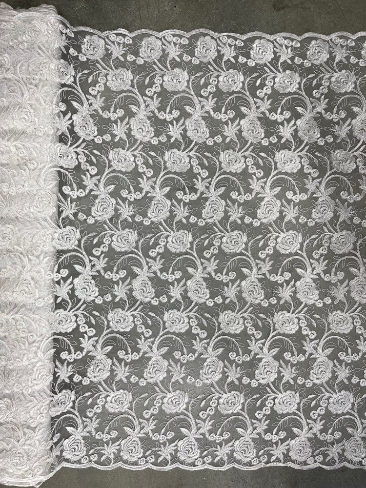 Dakota WHITE Polyester Corded Floral Embroidery on Mesh Lace Fabric by the Yard