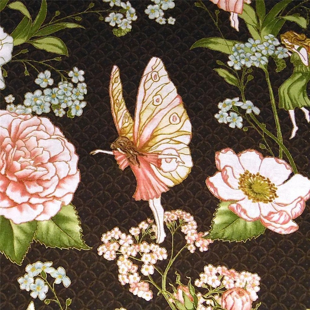 Flowers & Little Fairies, Metallic Gold, Pink & Ivory on Dk.Brown,33″L x44″W