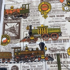 House N Home Vtg Train Locomotive Railroad Newsprint Fabric 2.5 Yards Americana