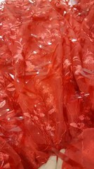 3d Sequin Lace Red Embroidered floral flowers on Mesh fabric sold by the yard