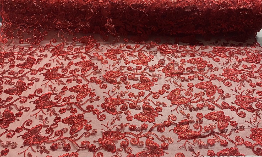 Red Butterfly Sequin Lace Fabric – 3D Embroidered Floral Mesh Couture Beaded