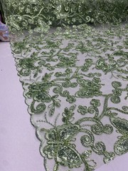 Sage Butterfly Sequin Lace Fabric – 3D Embroidered Floral Mesh Couture Beaded