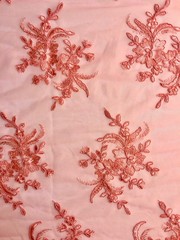 Callie CORAL Polyester Floral Corsage Embroidery on Mesh Lace Fabric by the Yar