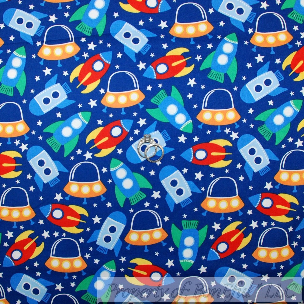 BonEful Fabric FQ Cotton Quilt Blue Red White Green Space Shuttle Ship Star Boy