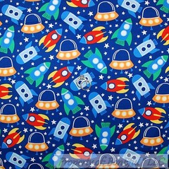 BonEful Fabric FQ Cotton Quilt Blue Red White Green Space Shuttle Ship Star Boy