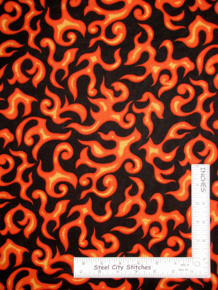 Fire Flame Firefighter Orange Flames Black Cotton Fabric Novelty By The Yard