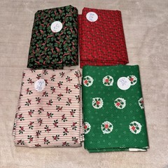 4 Vintage Christmas Holly Fabric Lot Red Green White Quilting Craft Sewing NOS