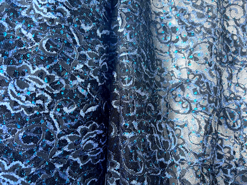 Blue Metallic with blue glitters Floral Lace Fabric By the Yard 60″ Wide