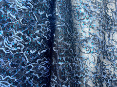 Blue Metallic with blue glitters Floral Lace Fabric By the Yard 60″ Wide