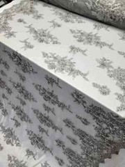 Silver Beaded Lace Fabric By The Yard 3d Floral Flowers Embroidery Sequins Prom
