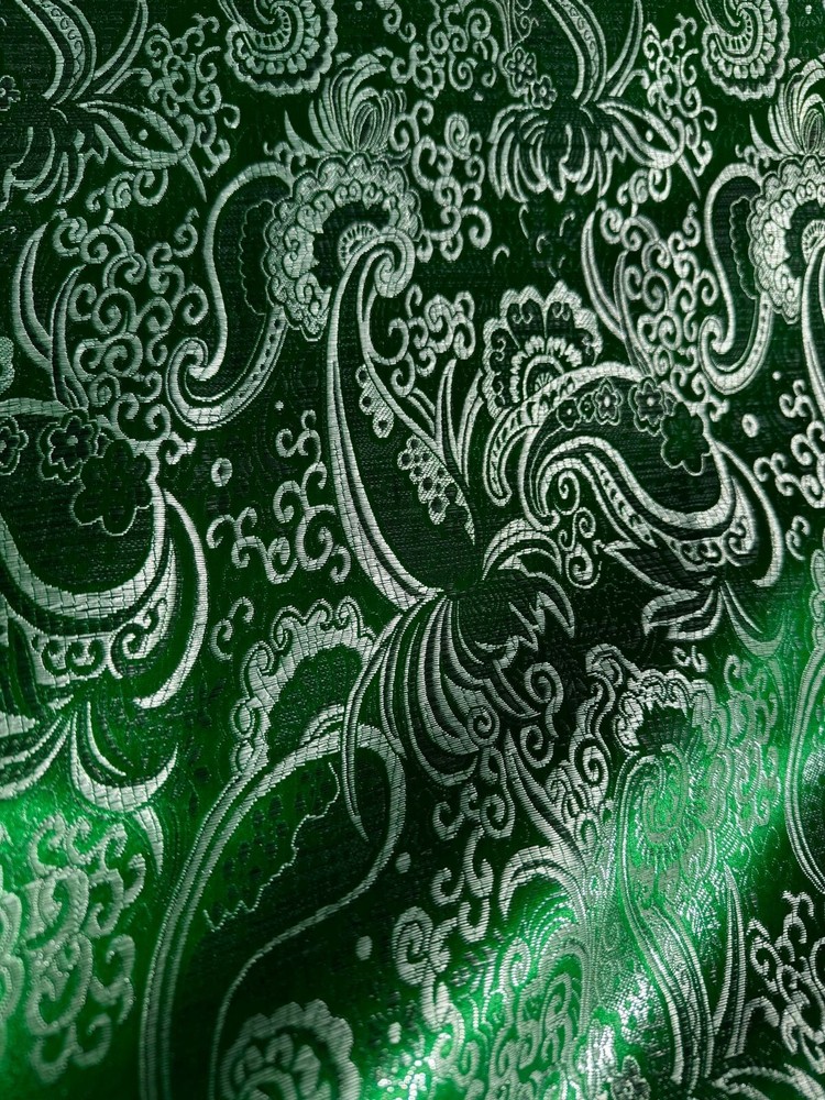 Emerald Green & Silver Paisley – Faux Silk Brocade Jacquard Fabric