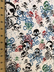 2010 Bones Skulls and Roses on White Flannel fabric sold by the yard #2637