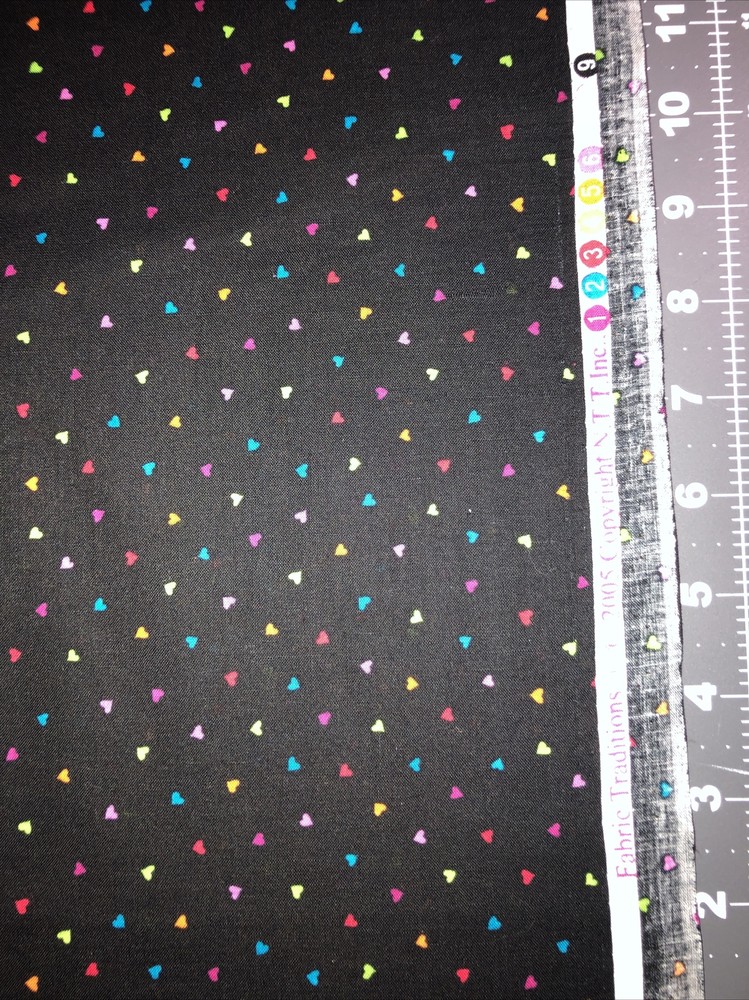 Black With Colorful Hearts 2005 Fabric Traditions Cotton 1/2 Yard (18 By 44”)