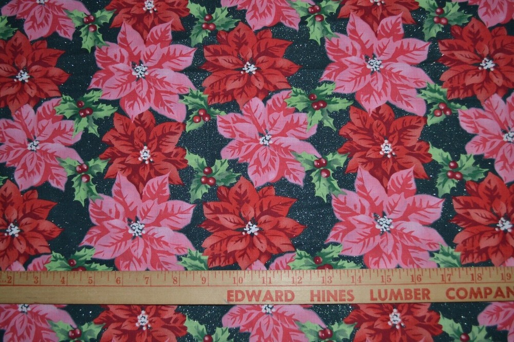 VINTAGE! PINK RED POINSETTIA GLITTER – JOANNS – 2.1 YARDS