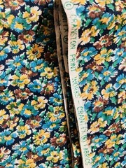 Small Flowers Teal Brown Yellow on Navy Blue VTG Cranston Crantix Fabric 34×44″W