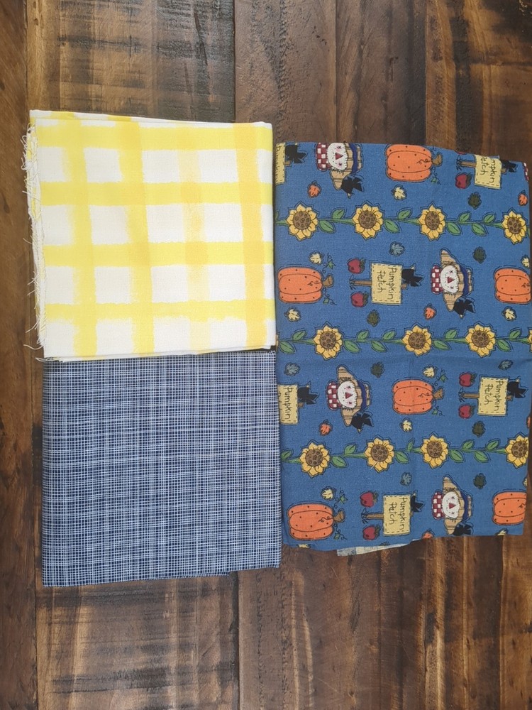 Lot of Fall Themed Fabric, scarecrow, pumpkin, sunflower, plaid,yellow,blue, 9oz
