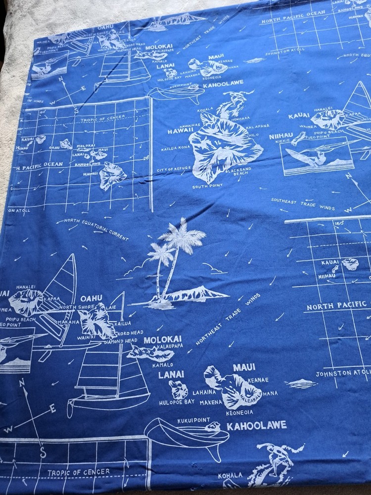 Vintage Hawaiian Islands Cotton Blue & White Fabric Ocean 44″ x 4 yards