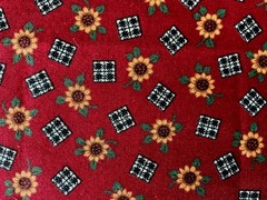 1 Yd x 43” Vtg Sunflowers & Checks on Dark Red Fabric by Cranston – Fall