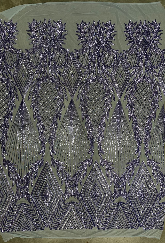 Francesca BLUE LAVENDER Vines and Diamonds Pattern Sequins on Light BLUE Mesh L