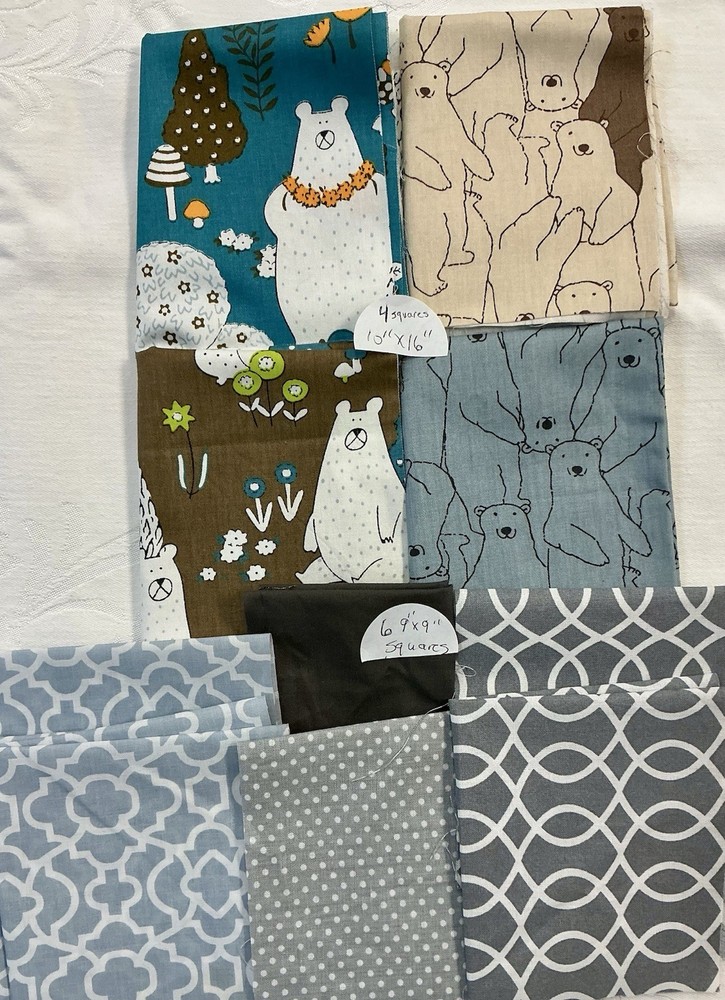 100% Cotton Squares 4-10”x16” Bears 6-9”x9” Gray Pattern
