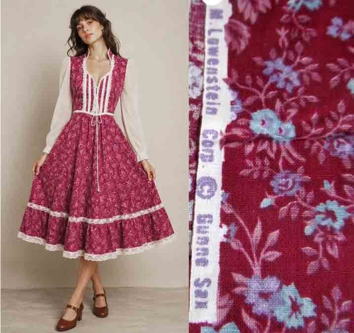 Vintage burgundy Foral Wamsutta For Gunne Sax Cotton Fabric fabric 6.5 m x 112cm