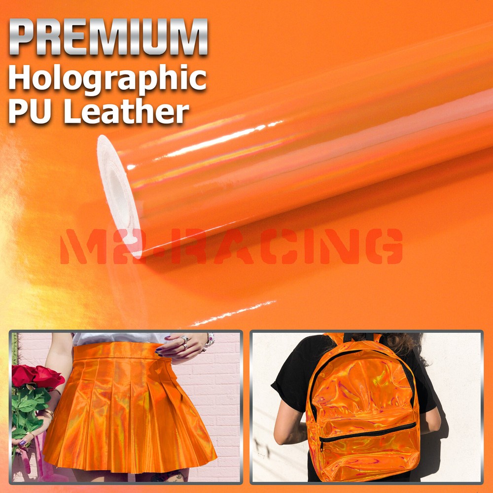 Fabric Holographic Orange Cloth Vinyl Weave PU Faux Leather Iridescent Craft DIY