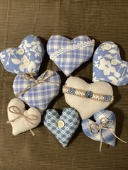 Soft Country Blue And Cream Fabric Stuffed Hearts. Embellished By Hand.