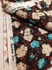 1.5 YDS Vintage Poly Fabric by Loomskill Inc BLUE BEIGE BLACK RED FLORAL Print