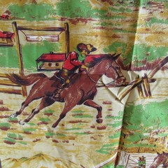 vtg Western Rodeo Fabric Cowboys Horses Ranch Fort Fence 36″ x 44″