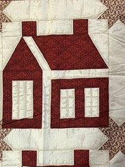 Vintage Red House Cheater Quilt Top. Cotton 10”x10” house. 7’ x 4 1/2’
