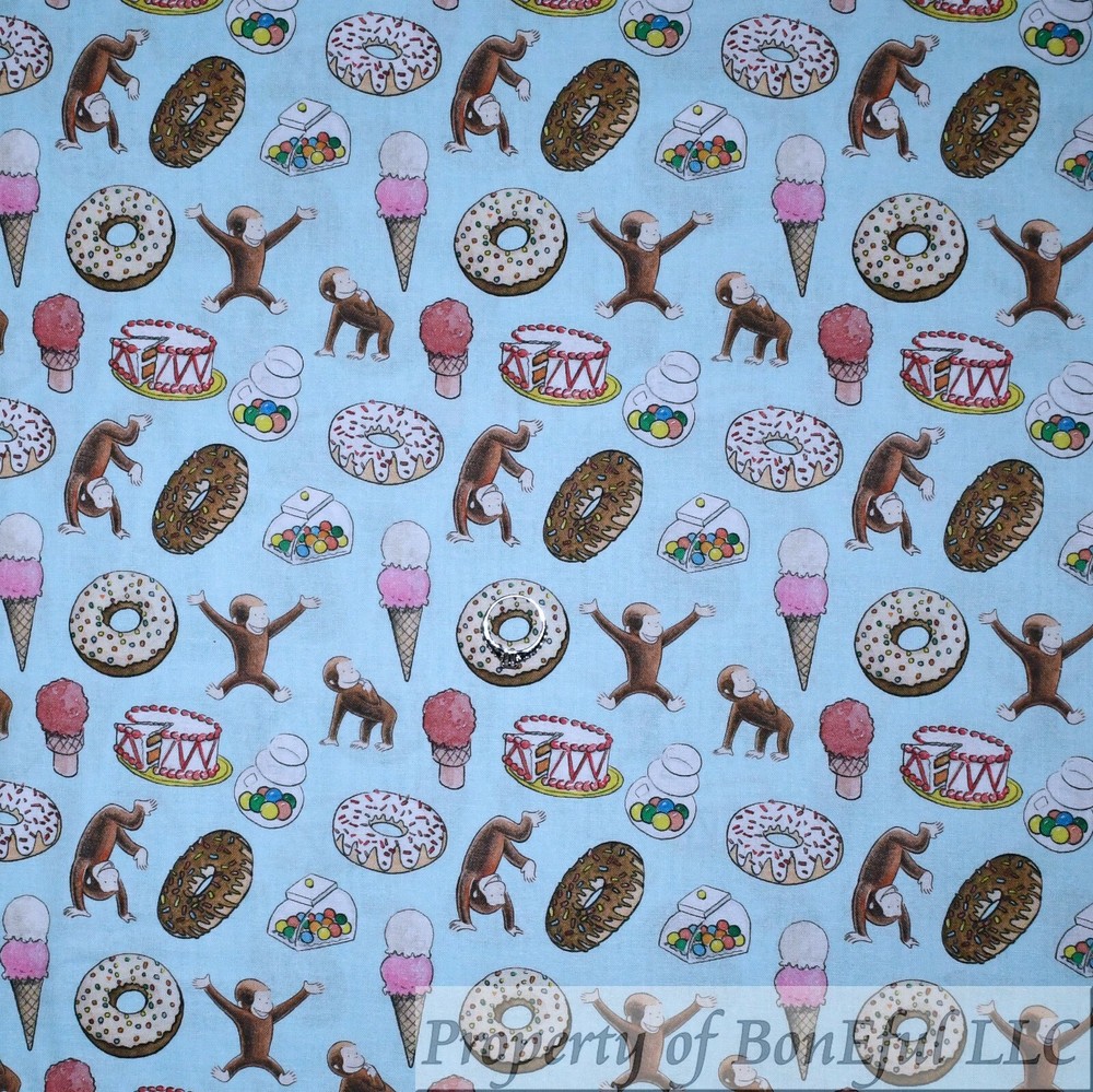 BonEful Fabric FQ Cotton Quilt Blue Curious George Monkey Ice Cream Donut Candy