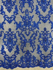 Helena-B ROYAL BLUE Embroidered Damask Pattern with Faux Pearls and Beads on Me