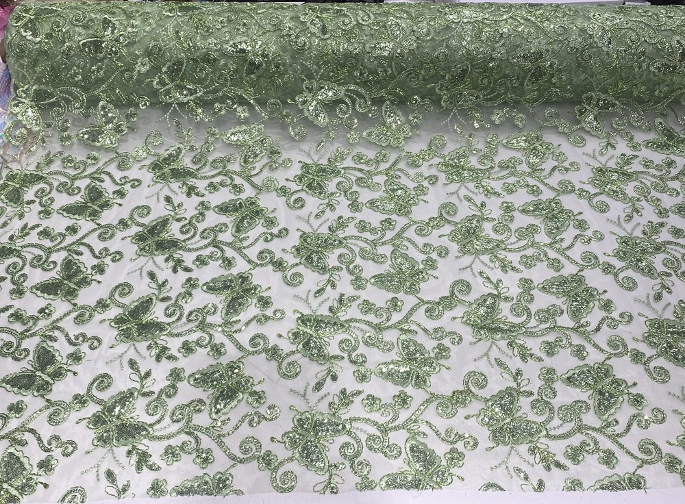 Sage Butterfly Sequin Lace Fabric – 3D Embroidered Floral Mesh Couture Beaded