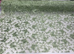 Sage Butterfly Sequin Lace Fabric – 3D Embroidered Floral Mesh Couture Beaded