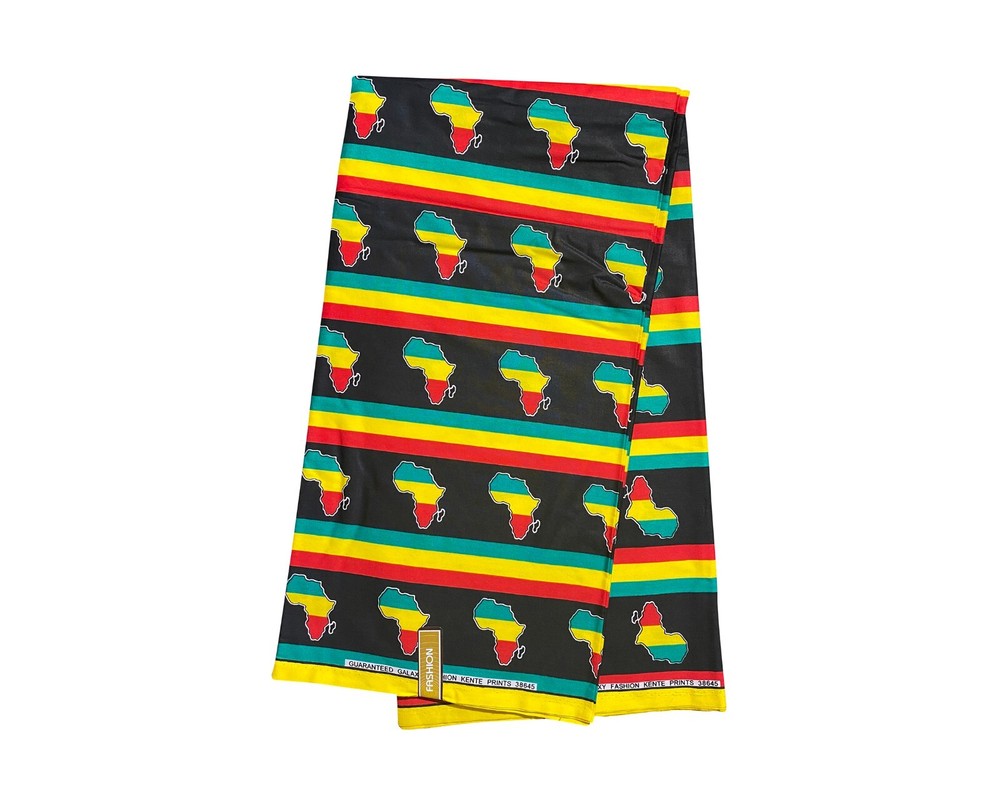 Black Green Red Yellow Map of Africa Ankara African Print Fabric 6 Yards