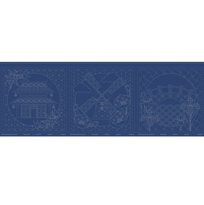 Patchwork Sewing Fabric Sashiko Little Scenes Navy Printed Panel 50x137cm