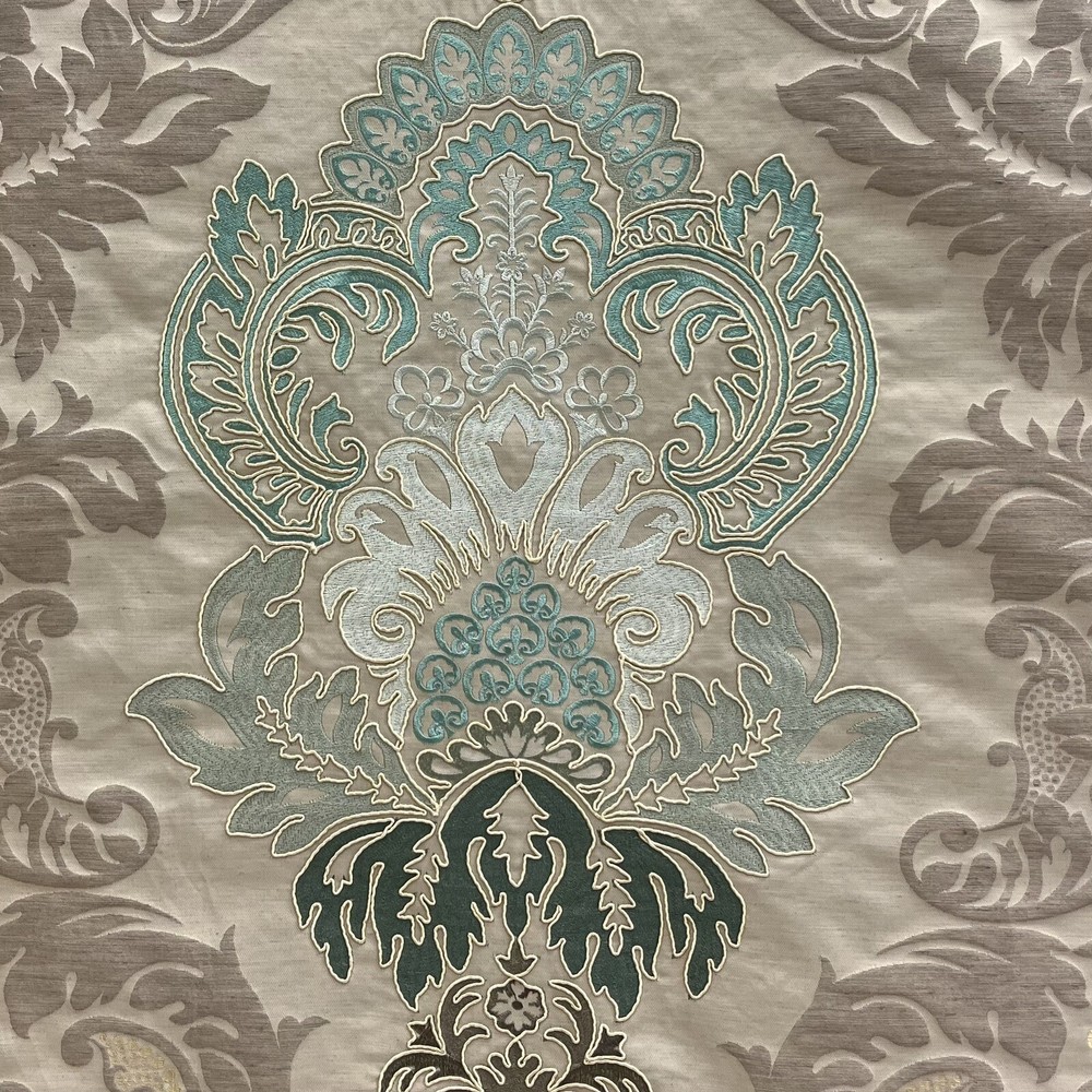 G P & J BAKER BF10509.2 WATERFORD DAMASK AQUA / SILVER UPHOLSTERY FABRIC 4.75 YD