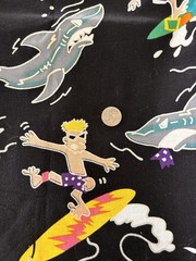 Alexander Henry Vintage Cotton Fabric 1 Yd Black Shark Surfer Print Quilting