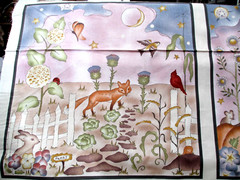 Fabric Red Rooster Panel “Who Comes to Zinnia’s Garden?” Crow Fox Bunny $10.95