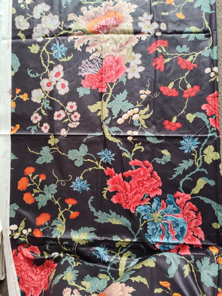 Vtg LEE JOFA CH’IEN LUNG Hand PRINT PEONY CHINOISERIE JACOBEAN FABRIC Navy Zepel