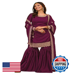 Trendmalls Womens Art Silk Embroidery Kurta Sharara Set Dupatta G253-Purple-S