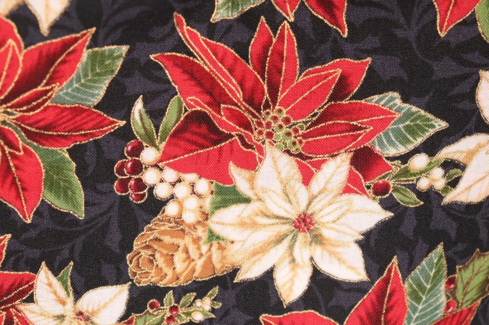 36″L x 44″W Hoffman Fabric Merry Birds White Red Poinsettia Flowers Pinecones