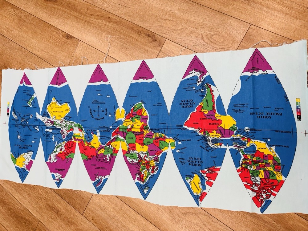 Dymaxion Map Style Playful Planet EARTH Cotton FABRIC PANEL VINTAGE 24 x 58″ NEW
