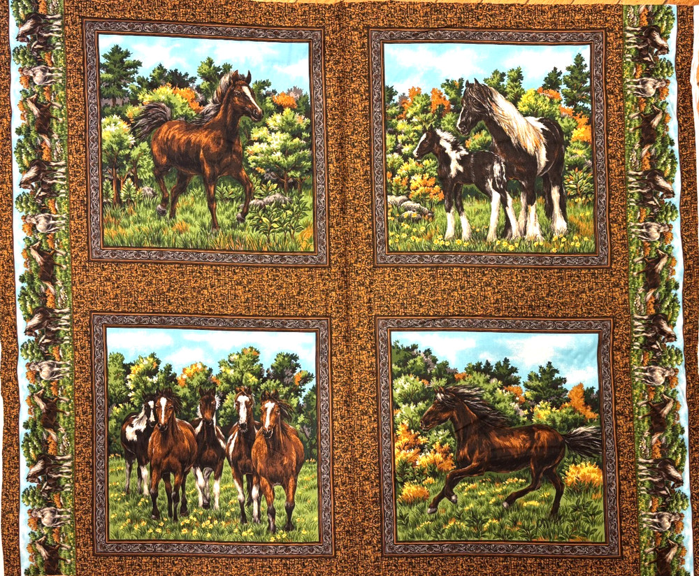 NATURE’S CORNER HORSE 4 BLOCK PANEL #9719 BY FABRI-QUILT, 14 1/2″ SQUARE, 43″x34