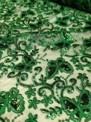 ´´Emerald Green Lace Fabric with Butterflies, Sequins, and Mesh for Dresses and