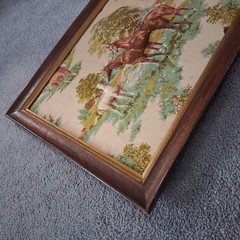 Vintage Trapunto 3-D Puff Fabric Horse Scene In Wooden Frame Ready To Hang