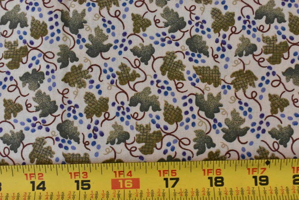 By 1/2 Yd, Vintage, Olive Burgundy Blue on Light-Tan, Classic Cottons, N6123